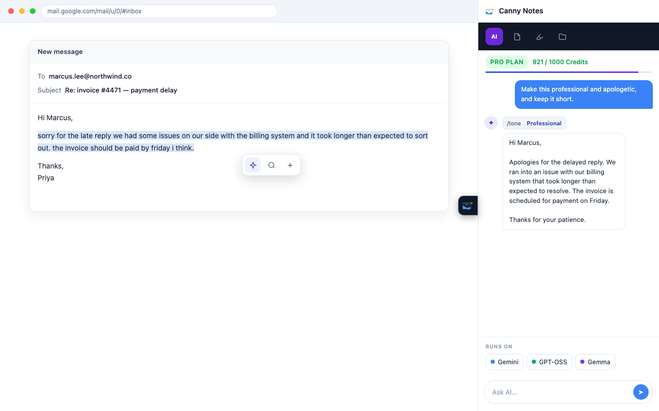 A Gmail draft with a clumsy paragraph selected, and the Canny Notes side panel showing a professional rewrite of it, above a row naming the models it runs on.