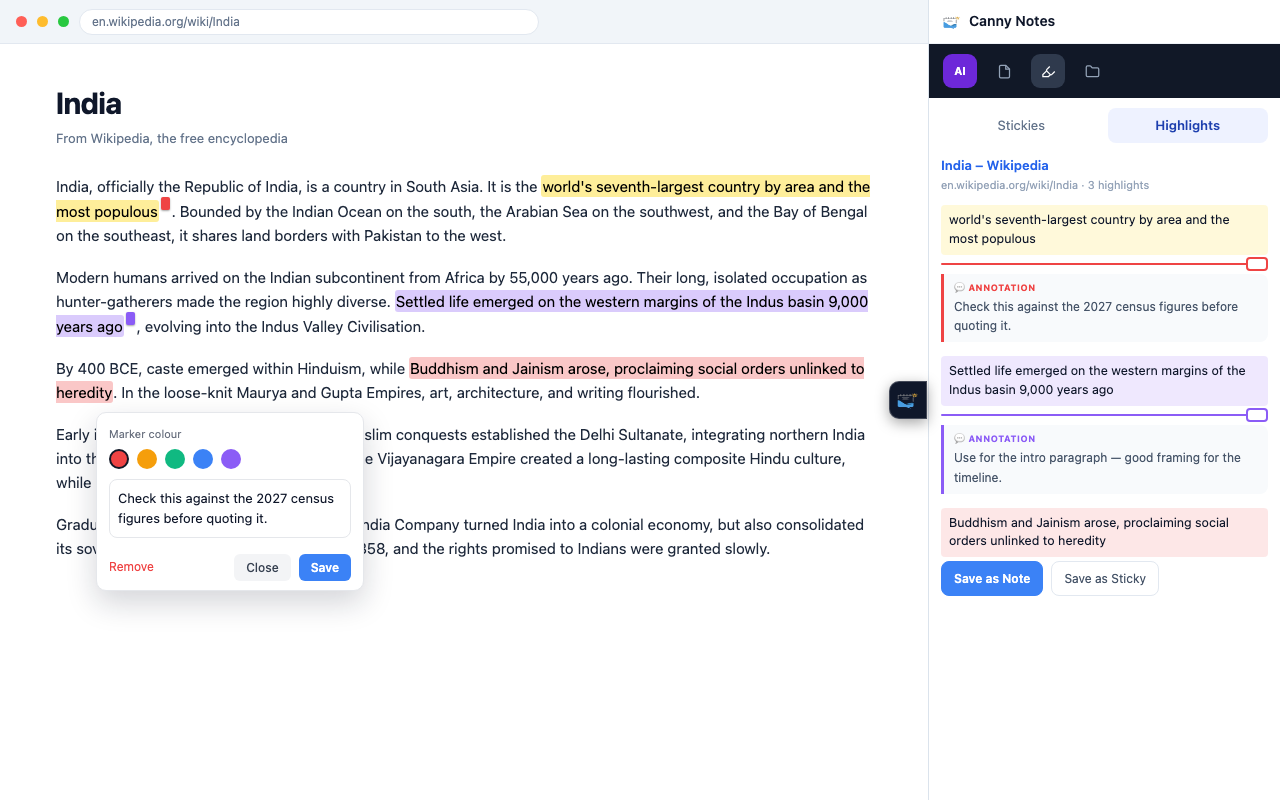 Canny Notes highlighting three passages on a Wikipedia article in yellow, violet and red, with an annotation note open on the page and all three highlights listed with their notes in the side panel.