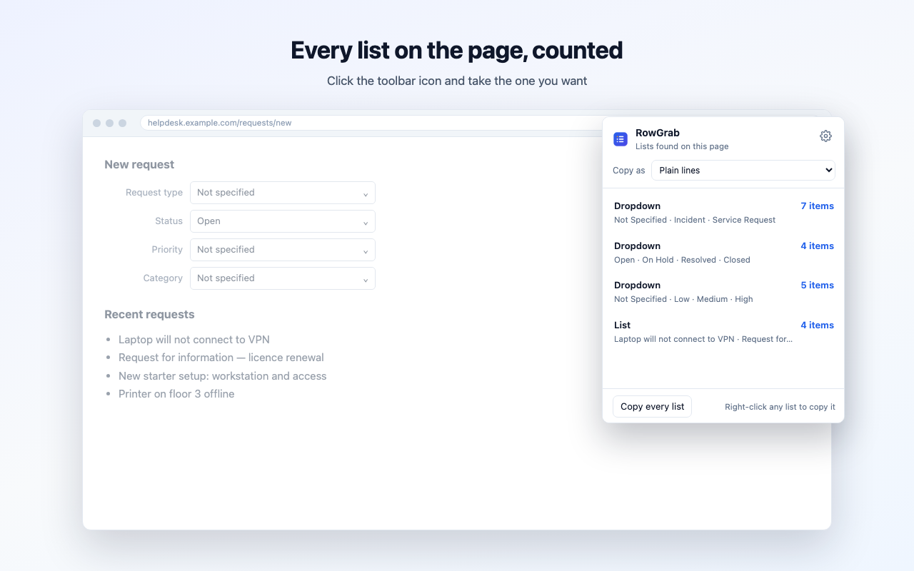 The RowGrab popup listing four dropdowns and a list found on a helpdesk page, each with an item count.